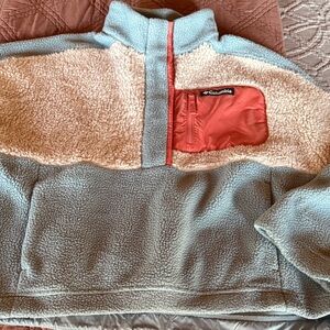 Columbia Sherpa Fleece in Light Blue and Cream with Red Accent